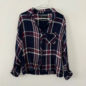 Rails Rayon Flannel Boxy Dolman Sleeve Button Up Shirt Navy Red Size Medium